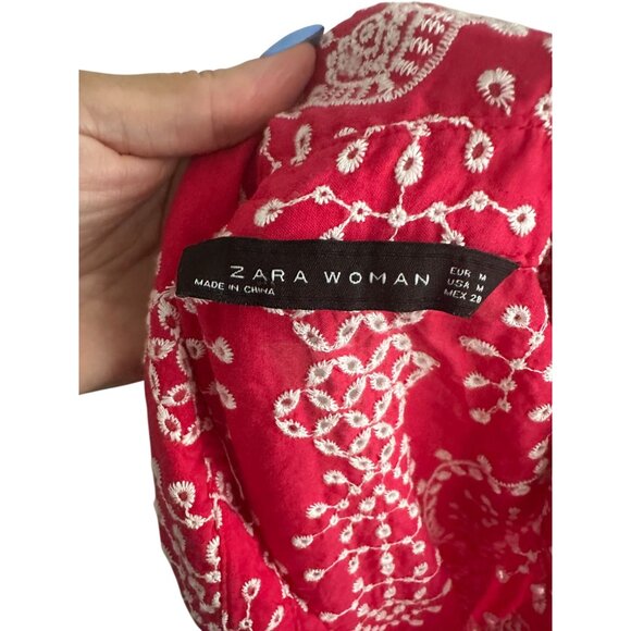 ZARA Red White Embroidered Tie Waist Dress Size Medium - Picture 2 of 9
